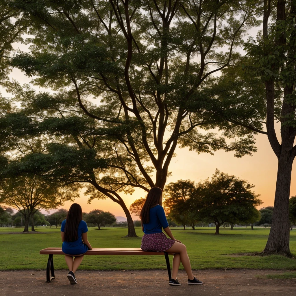 ar prompts Araffada woman sitting on a bench in a park with a tree, 18 years old, looking at the sunset without looking at the camera, a little out of focus