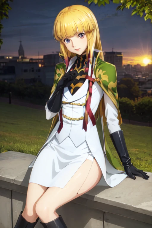 1girl, solo, Monica, blue eyes, blonde hair, uniform, green cape, knee boots, ribbon, skirt, sideslit, miltary, gloves. Best quality, park, sunrise 