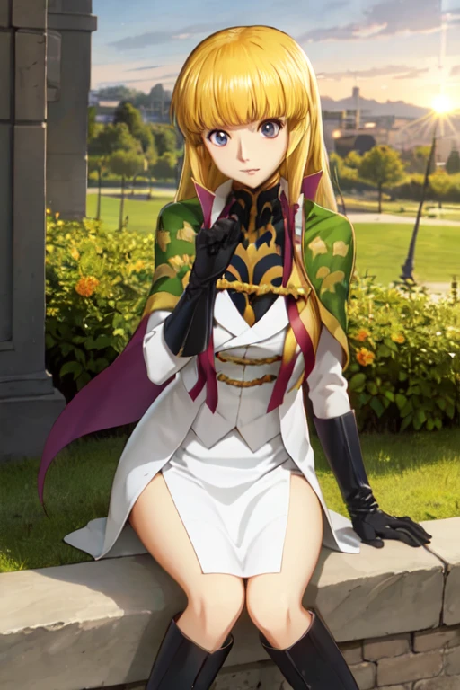 1girl, solo, Monica, blue eyes, blonde hair, uniform, green cape, knee boots, ribbon, skirt, sideslit, miltary, gloves. Best quality, park, sunrise 