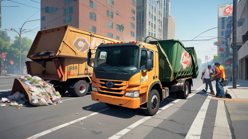 Create image in a USA with a garbage truck and garbage collectors working collecting garbage from the sidewalks ,8K, Ultra realistic photo, cinematographic