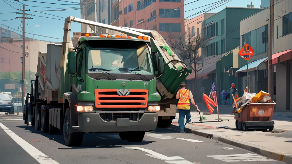 Create image in a USA with a garbage truck and garbage collectors working collecting garbage from the sidewalks ,8K, Ultra realistic photo, cinematographic
