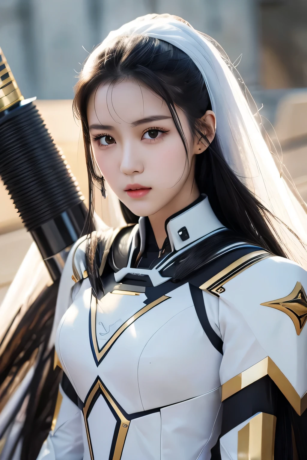 Close-up of a woman with long black hair wearing a white mecha, cute， young and beautiful，Mixed Asian and European，Tall，Holding a long sword，Vigorous and vigorous