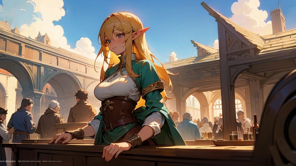 Anime Style,Nostalgic,Detailed background,The medieval world,A lively bar with lots of people,Beautiful sky,Beautiful Elf Bard,Large Breasts