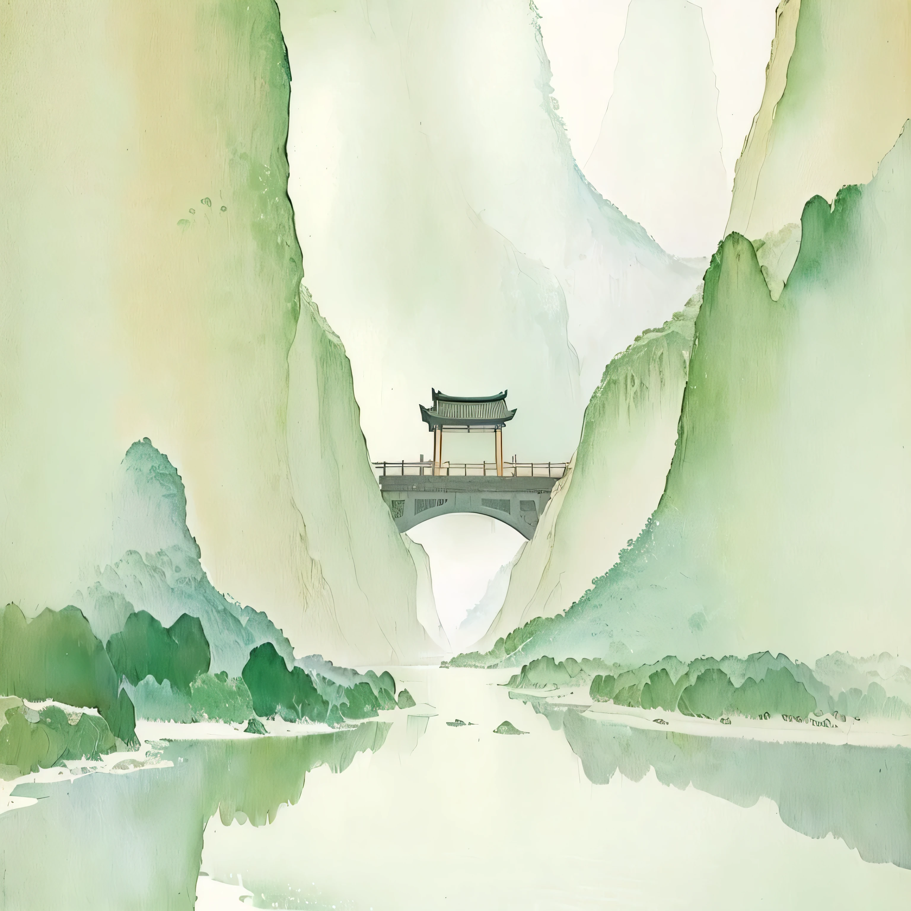 There is a painting，The painting shows a bridge across a mountain river., japan existatercolour, chinese existatercolor style, Chinese style painting, artexistork in the style of z.exist. arrive, existatercolor illustration style, Chinese scenery, detailed scenery —existidth 672, Chinese painting style, traditional chinese existatercolor, Japanese-style, Inspired by Yoshida Toshi, scenery artexistork