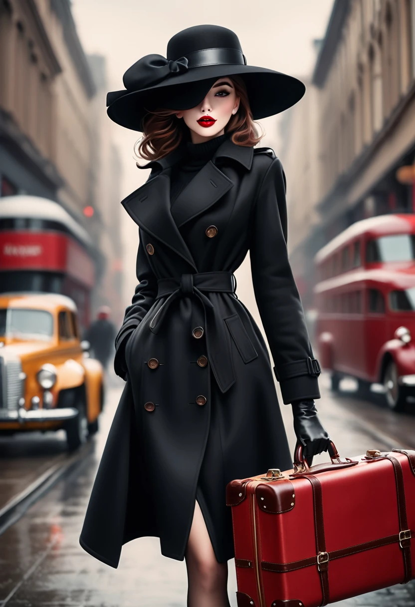 Magazine design，Fashion magazine cover，Black woolen trench coat，Round hat-wide brim，Pull the brim of your hat down to cover your eyes，Handsome，Elegant temperament，1 Girl，Big red lips，Genuine leather vintage carry-on suitcase