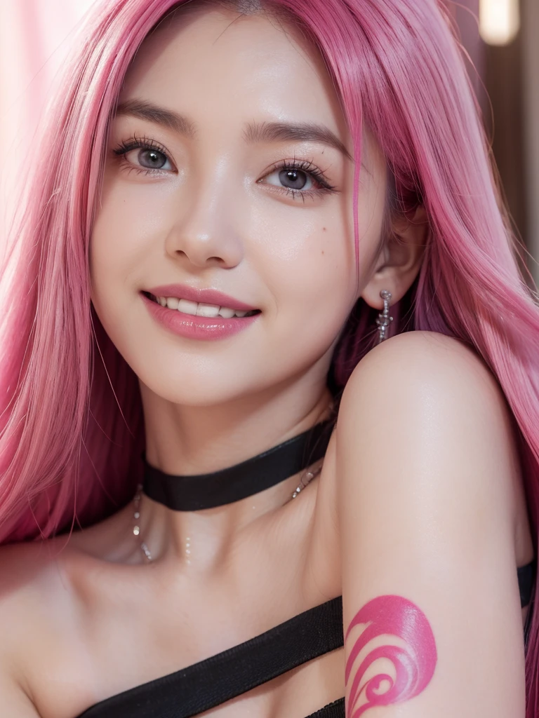 Highest quality, masterpiece, Ultra-high resolution, (Realistic:1.4), (Close-up portrait) RAW Photos, 1 girl, 22 years old,Slender body,Large Breasts,((Long pink hair with straight bangs)),((Looking up at the audience)), Realistic pictures, ((Small breasts)),((Smiling with teeth showing)),Cleavage,wearing a black gown, Eiffel Tower in the background, Night view、whole body