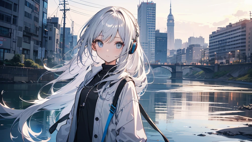 A girl wearing headphones on the riverbank。Silver Hair