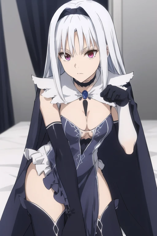 black elbow gloves, blue dress cleavage, frilled choker, white cape, black cape, black thighhighs frills, blue gemstone, park