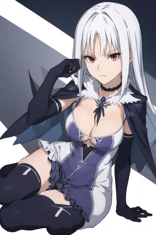 black elbow gloves, blue dress cleavage, frilled choker, white cape, black cape, black thighhighs frills, blue gemstone, park