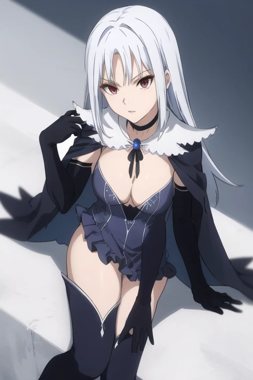 black elbow gloves, blue dress cleavage, frilled choker, white cape, black cape, black thighhighs frills, blue gemstone, park