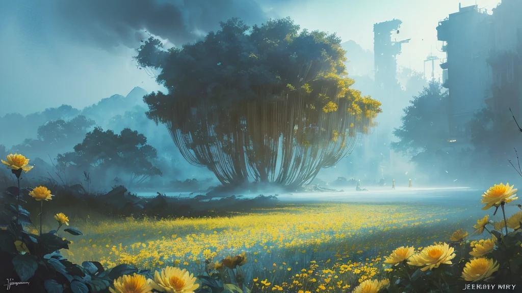 32k, Masterpiece, Highest quality, One girl, Brown Hair, Detailed eyes, flower,Dahlia, Light blue and yellow style,A dreamy, romantic piece,Pale yellow, Mysterious Leaves,A playful arrangement,Fantasy,High Contrast,Ink strokes,explosion,Exposure, Impression of light blue and yellow tones,Abstract,((Watercolours by John Berkey and Jeremy Mann )) Brush strokes,Negative Space, Tyndall effect,