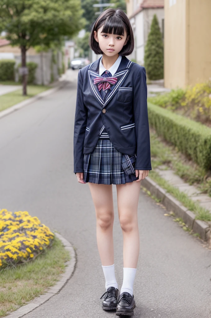 One Woman、((blazer、Checked mini skirt、****** High School Uniform)),((small breasts)),Highest quality、Very delicate and beautiful、((Very short bangs))、((Bangs))、Highest quality、Very delicate and beautiful、((Very short bangs))、((blunt bangs))、つやのあるシルクのようなBlack Hair、The hair is light、((Black Hair、Straight Hair))、Cute face、Young face、Cute like an idol、Are thin、Slim figure、slender、Short、 body type、Are standing、Photographed from the front、Nice thighs、In town、