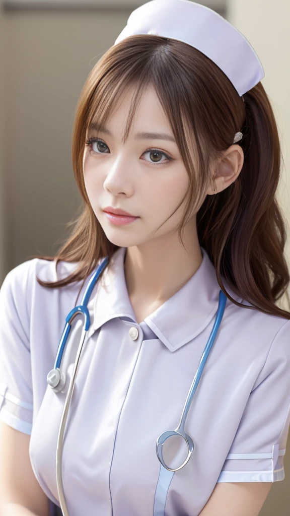 (masterpiece, Highest quality:1.2),alone,The eyes are exquisite and delicate,Brown Hair、Long Hair、Pink Lips,blue eyes,Big Breasts、Wavy Hair、(((White nurse uniform:1.5)))、Japanese