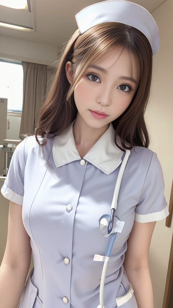 (masterpiece, Highest quality:1.2),alone,The eyes are exquisite and delicate,Brown Hair、Long Hair、Pink Lips,blue eyes,Big Breasts、Wavy Hair、(((White nurse uniform:1.5)))、Japanese
