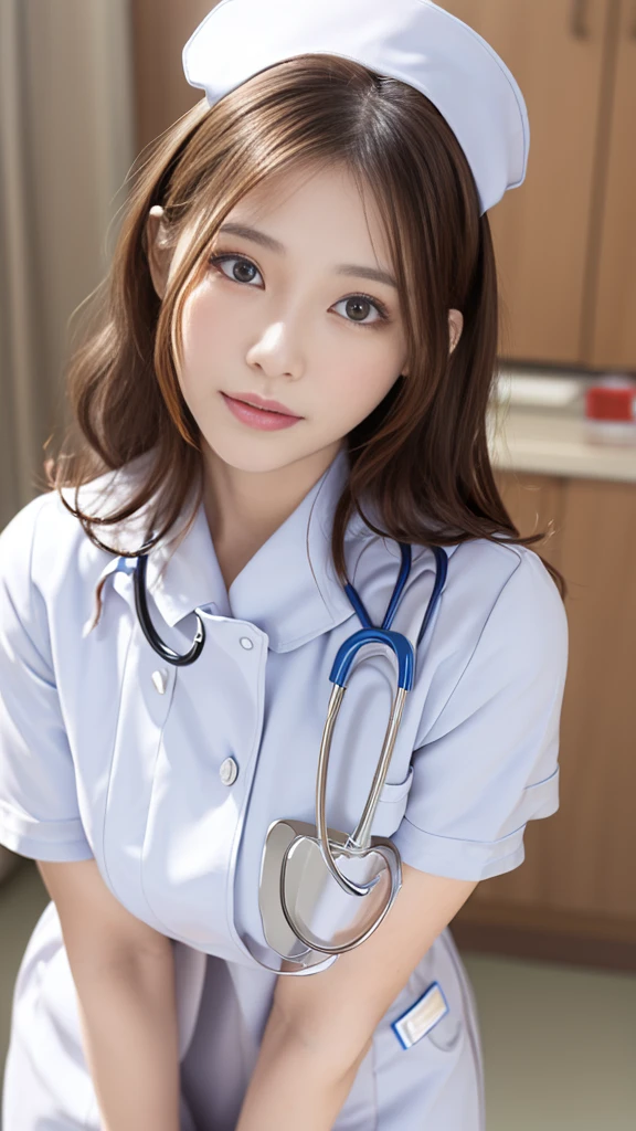 (masterpiece, Highest quality:1.2),alone,The eyes are exquisite and delicate,Brown Hair、Long Hair、Pink Lips,blue eyes,Big Breasts、Wavy Hair、(((White nurse uniform:1.5)))、Japanese
