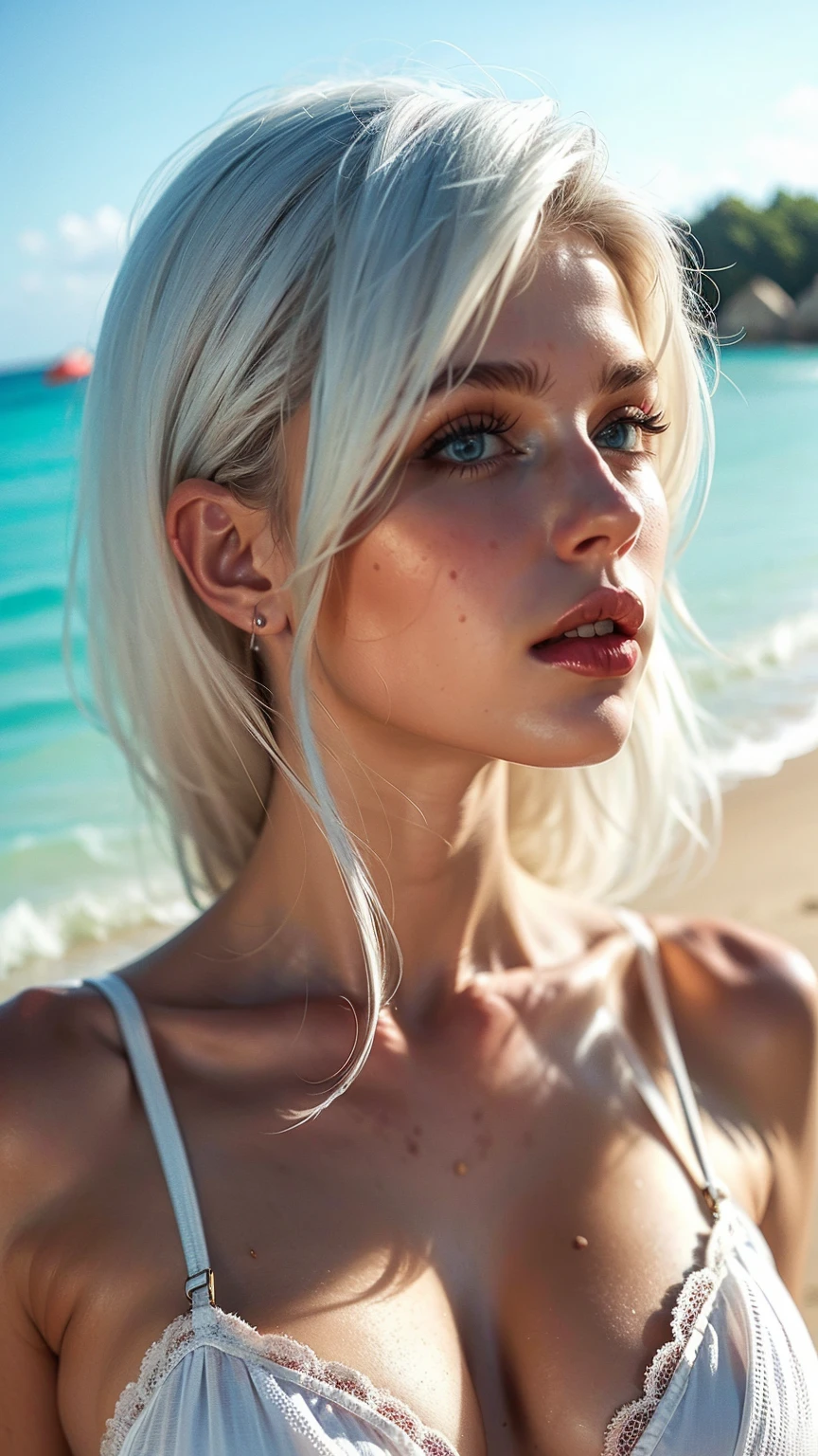 a beautiful woman with pointed nose White hair, Sexy appearance, mature and aging face, wrinkles on the face, cheekbones on the face, take a selfie on the beach, black bra,black bikini, sexuality, Sweating, Long legs, sunset, лежит на sun loungerе, sun lounger, armpits close up, Relaxes, perfect skin, skin pores, (White hair,beautiful detailed eyes,beautiful detailed lips,extremely detailed eyes and face,long eyelashes),(3D rendering),beach scene, self-portrait,social media,golden hour,bright colors,Sandy beach,the waves are breaking,  (Best quality,4K,8 thousand.,a high resolution,masterpiece:1.2),Ultra detailed,photorealistic,HDR,uhd,soft sunlight,Bronze skin,summer atmosphere