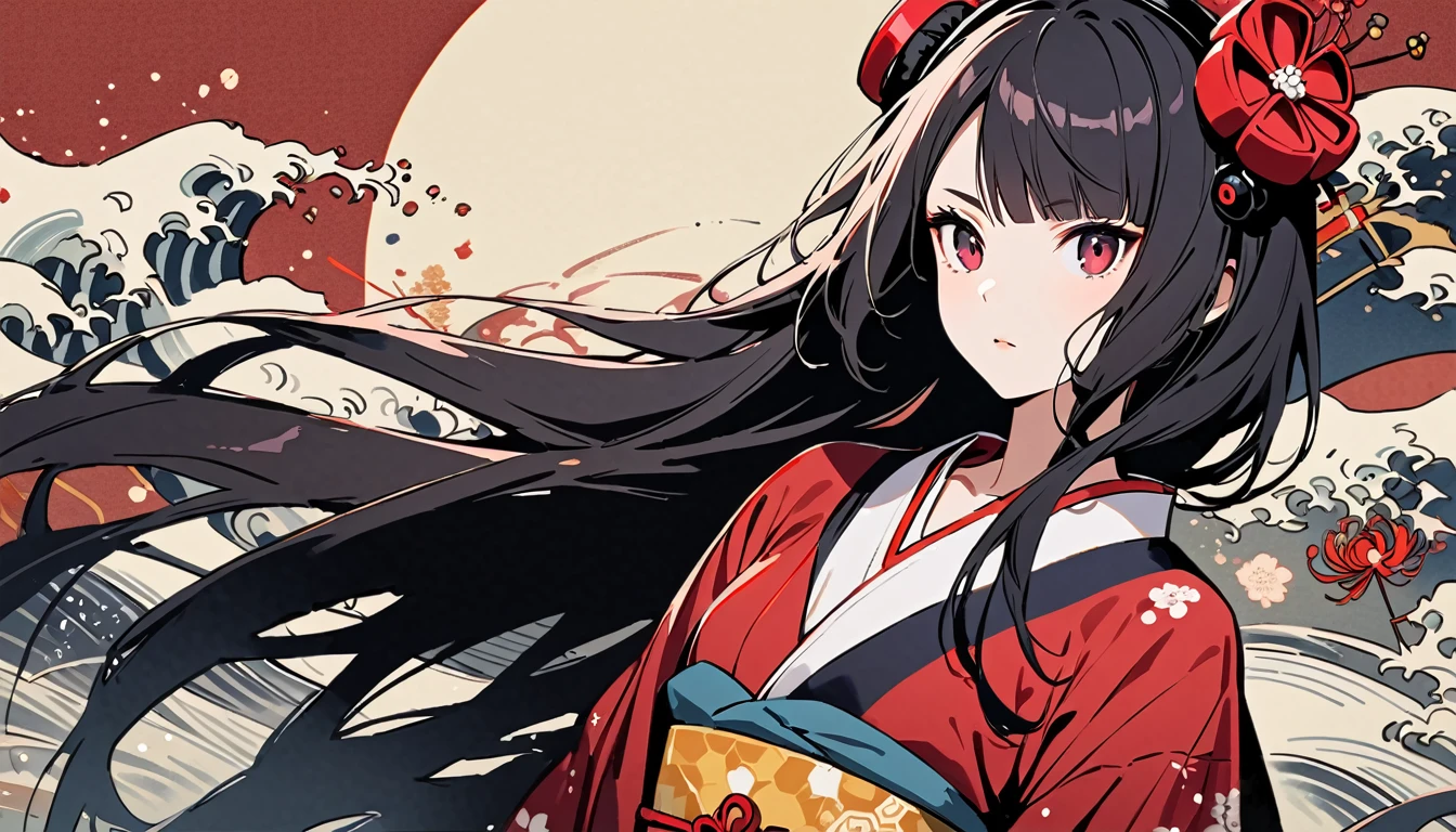 Highest quality, Katsushika Hokusai, Ink Painting, (((straight longhair))), (((1 girl))), (((Pale red yukata))), Japanese style headphones, Red spider lily, beautiful girl, Black Hair, Delicate and precise, Modern ukiyo-e style, Red Eyes