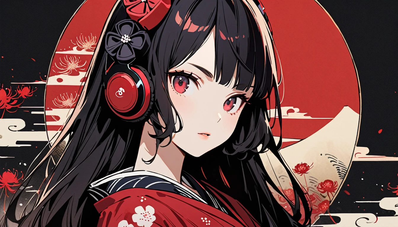 Highest quality, Katsushika Hokusai, Ink Painting, (((straight longhair))), (((1 girl))), (((Pale red yukata))), Japanese style headphones, Red spider lily, beautiful girl, Black Hair, Delicate and precise, Modern ukiyo-e style, Red Eyes