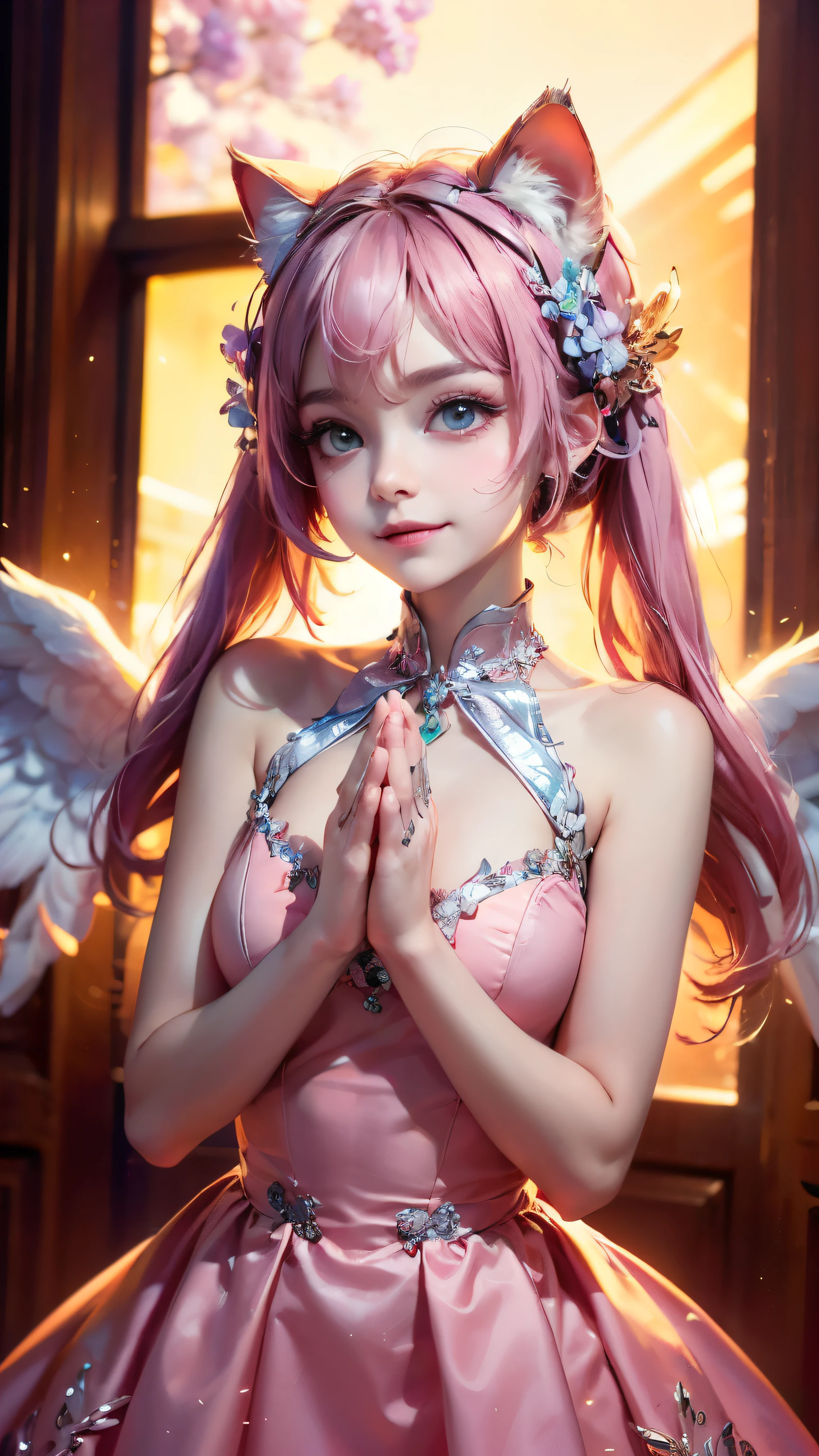 ((Highest quality)), ((masterpiece)), (detailed), 8K, High Resolution,One girl, Pink Hair, Perfect Eyes, Goddess of Athena, I'm praying, Hands together, (have confidence:1.5), (Facing forward:1.5), (Be confident:1.5), Hydrangea on background, smile, Pink Dress, Cat ear, (Angel's wing:1.2), big eyes, (The body also faces forward:1.4),