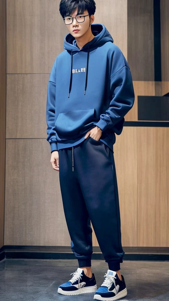 21 year old Shanghai boy, he is ((oversized xxl blue plain hoodie)), wearing black pants, wearing sneakers, wearing glasses, night club, fully body, (he is 한국 머리카락입니다) k pop style, stand