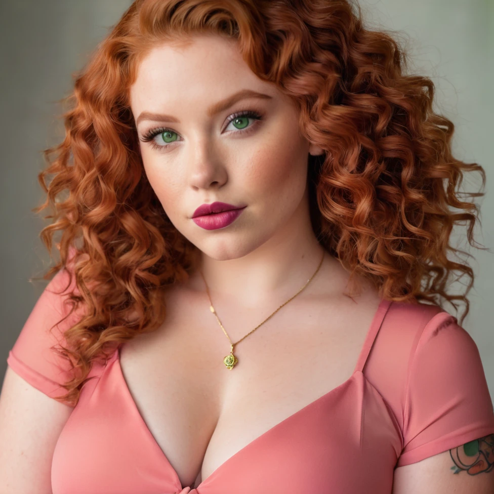 Chubby woman, green eyes, ginger hair, wavy hair, green dress