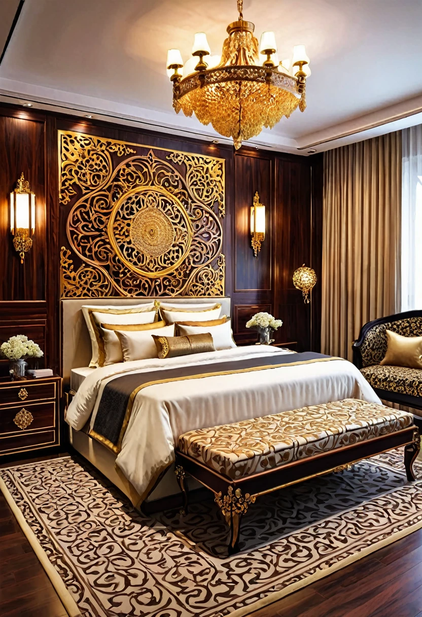 A beautiful bedroom made of rosewood decor design, intricate patterns, gold color,