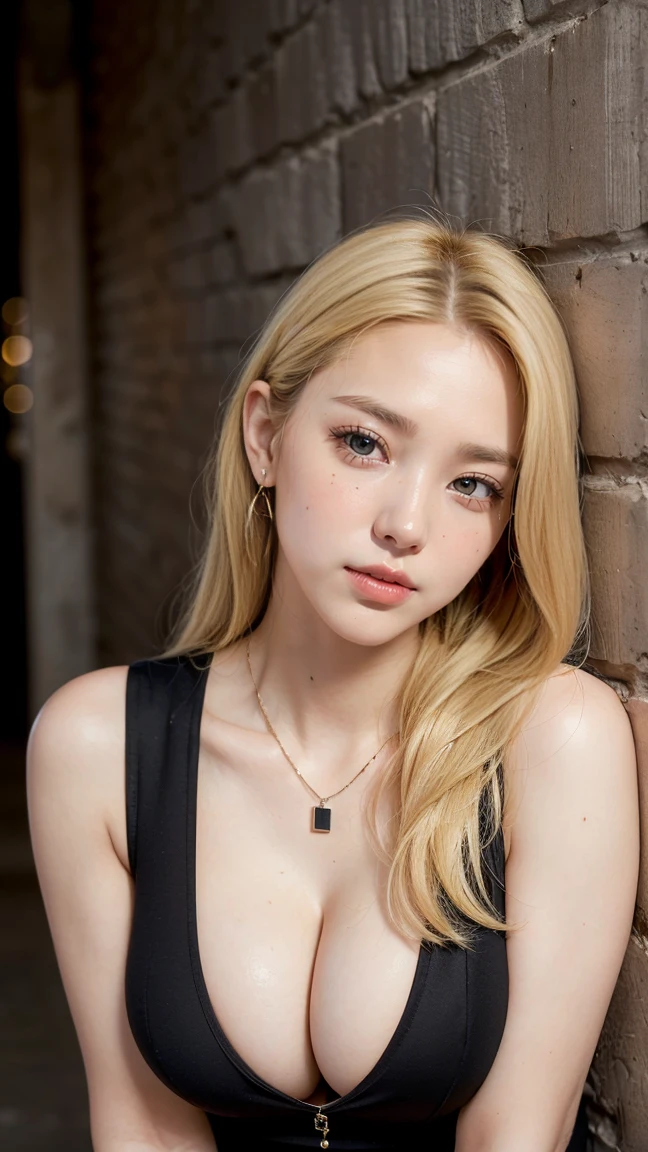 ((Highest quality, 8K, masterpiece :1.3)), Sharp focus :1.2, Beautiful woman with perfect figure :1.4, Slim Abs :1.2, ((Big Breasts, Emphasize cleavage:1.3)), (Photorealistic:1.4), (realistic:1.4), (Blonde:1.5), Highly detailed face and skin texture, Fine grain, double eyelid. Makeup face. A little bit of lipstick, necklace, Earrings, sex appeal, Sexy gravure pose, ((Sexy beauty in a tight black dress、Night City、A captivating smile、Long Hair、Leaning against the wall pose。:1.3)
