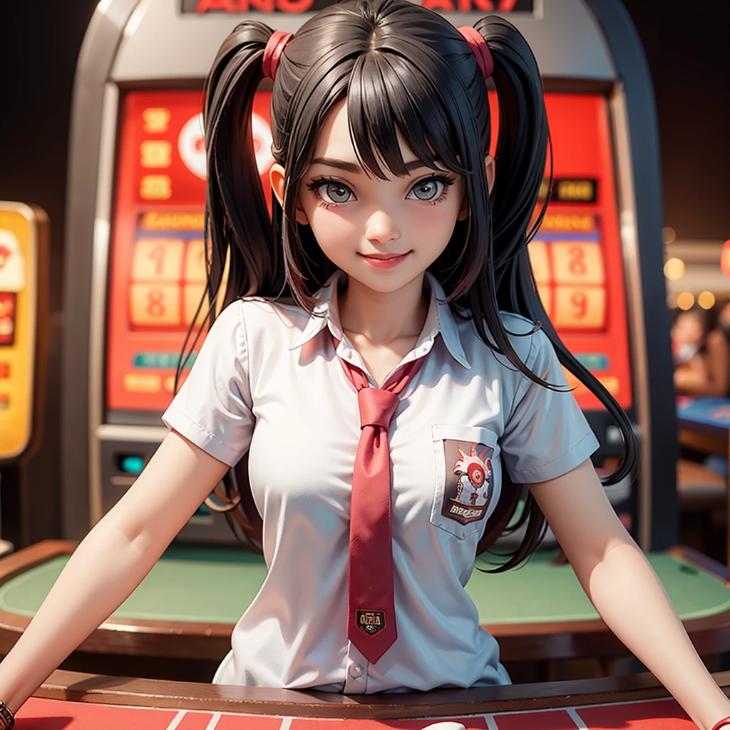 happy and smile, {{indonesian girl}}, {wearing high school uniform}, teasing and waiting customer play, standing, playing in casino, red casino background, polite and kind, Sweet Face, roulette table, poker table, colourfull slot machines
