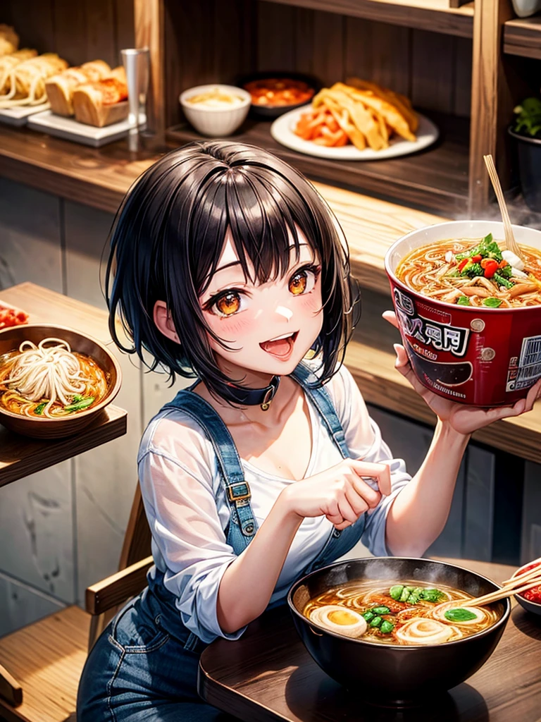 Highest Resolution,Highest quality,Smiling while looking at the ramen,Girl with open mouth and saliva dripping,Black short hair,up,