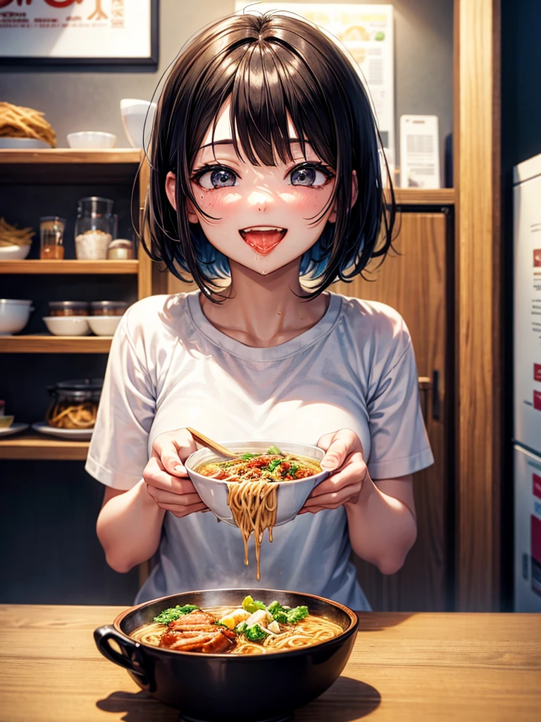 Highest Resolution,Highest quality,Smiling while looking at the ramen,Girl with open mouth and saliva dripping,Black short hair,up,