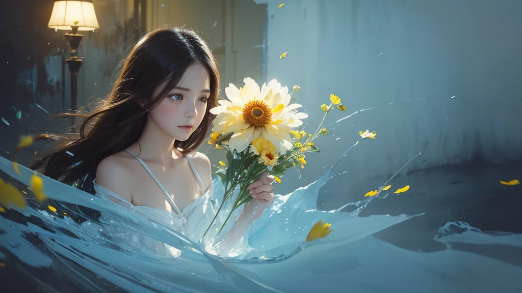 32k, Masterpiece, Highest quality, One girl, Brown Hair, Detailed eyes, flower,Dahlia, Light blue and yellow style,A dreamy, romantic piece,Pale yellow, Mysterious Leaves,A playful arrangement,Fantasy,High Contrast,Ink strokes,explosion,Exposure, Impression of light blue and yellow tones,Abstract,((Watercolours by John Berkey and Jeremy Mann )) Brush strokes,Negative Space, Tyndall effect,