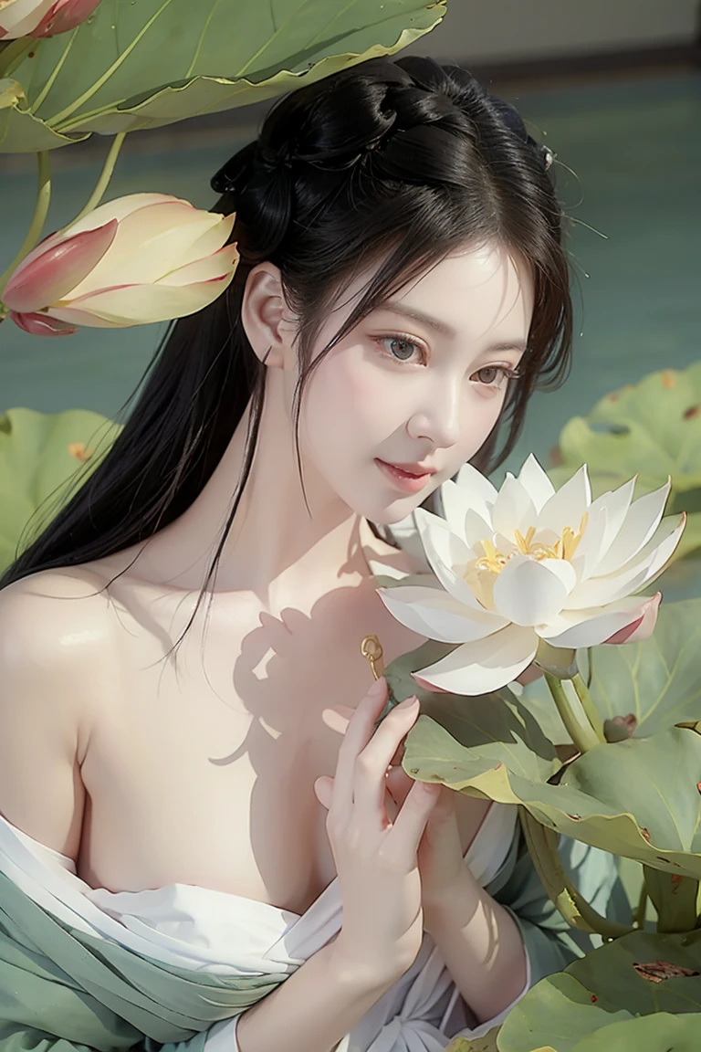 Realistic 16K resolution photography of  chinese girl, Exquisitely perfect symmetric very gorgeous face, Exquisite delicate crystal clear skin, Detailed beautiful delicate eyes, perfect slim body shape, slender and beautiful fingers, nice hands, perfect hands, illuminated by film grain, realistic skin, dramatic lighting, soft lighting, exaggerated perspective of ((Wide-angle lens depth)), a vibrant koi fish pond with colorful koi swimming gracefully. Use traditional Japanese oil paint techniques, highlighting the fluid motion of the fish and the ripples in the water, with lotus flowers and lily pads adding to the scene. ,tattoo,in the style of arrebola,tattoos,artistic oil painting stick,oil paint ,rough,Circle,Oil painting of Mona Lisa