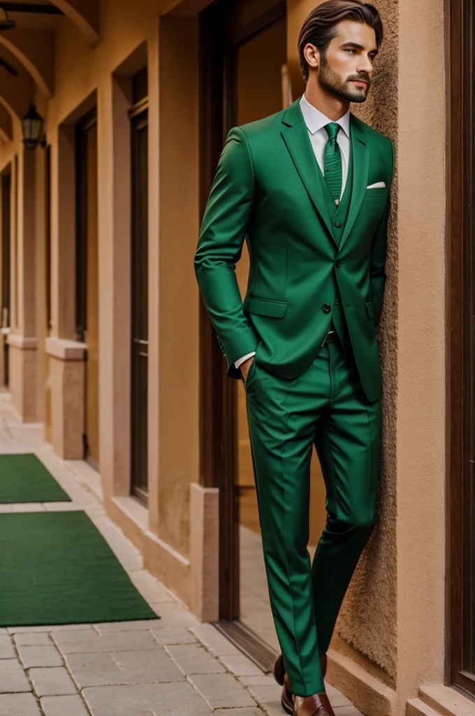 Formal attire for men in terracotta and green colors 