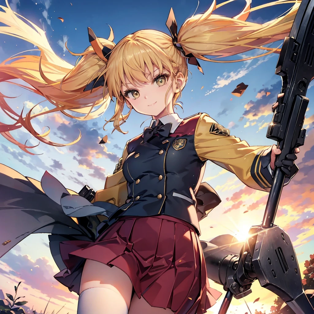 (((Shinomiya Kikoru　Big Axe)))　((Yellow Hair　Twin tails　uniform))　(smile　Jump)　sunset　Shining Background　Shining Edge