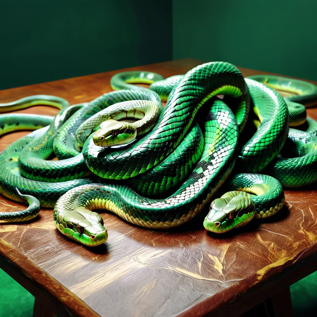 there is a snake that is curled up on a table, a digital rendering by Adam Marczyński, trending on pexels, renaissance, green snakes, coiled realistic serpents, snakes, green snakes background, snake is surrounding them, lots of snakes, snake heads, snake art, snake body, highly detailed snakes, snake, serpent, snake scales