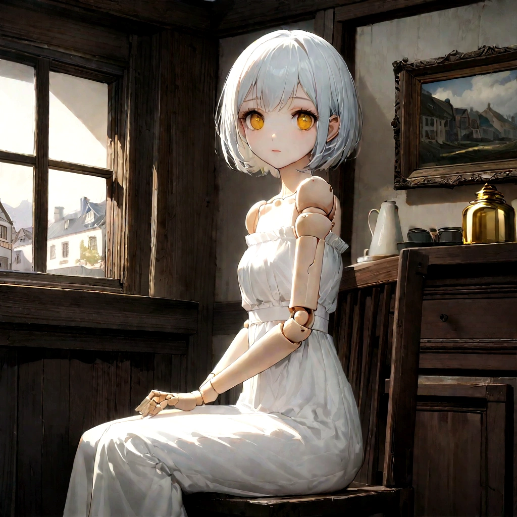 from side, upper body, BJD, doll joints, doll joints, BJD made of pure white glazed ceramics, electric drive, A fantastic and aesthetic image, Large half-closed golden glass eyes, urban style Pure white very short hair, a thin and haggard face, face without makeup, The ball-jointed doll is modeled after a 18-year-old woman, European features, silk white tube top dress, slender limbs, beautiful detailed face, sitting on a wooden chair, old european houses, indoor, beautiful artwork, High-definition, 4k, 8k,