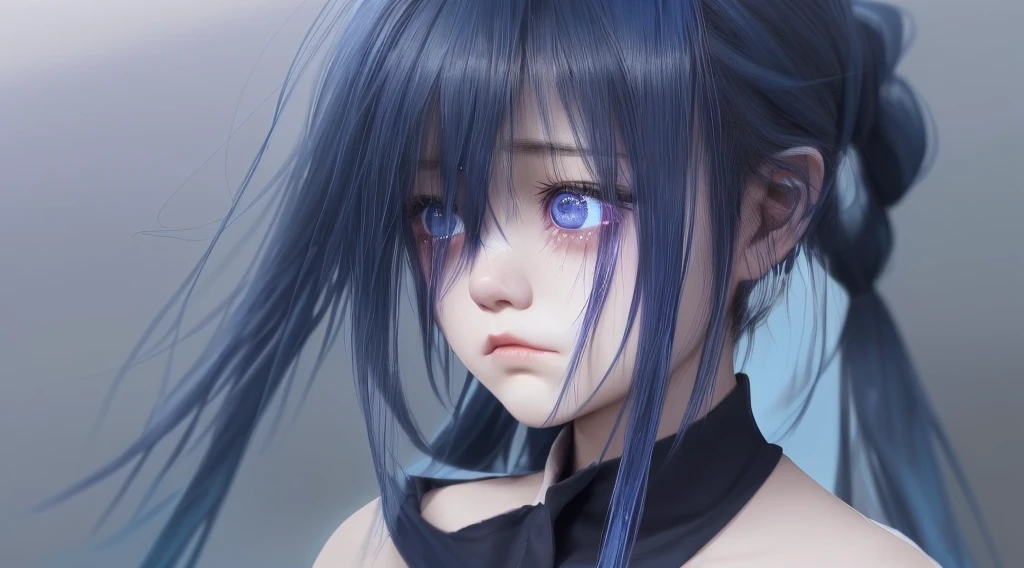 Sad expression、LandscapeのGirl、Tears are running down her cheeks、Not tying hair、Black hair band、Light blue and purple hair、Girl、Dark navy blue clothing that exposes the shoulders、Tears flowing、Facing the top right、I'm asking for grace with both hands、Landscape、Whimpering、sad look
