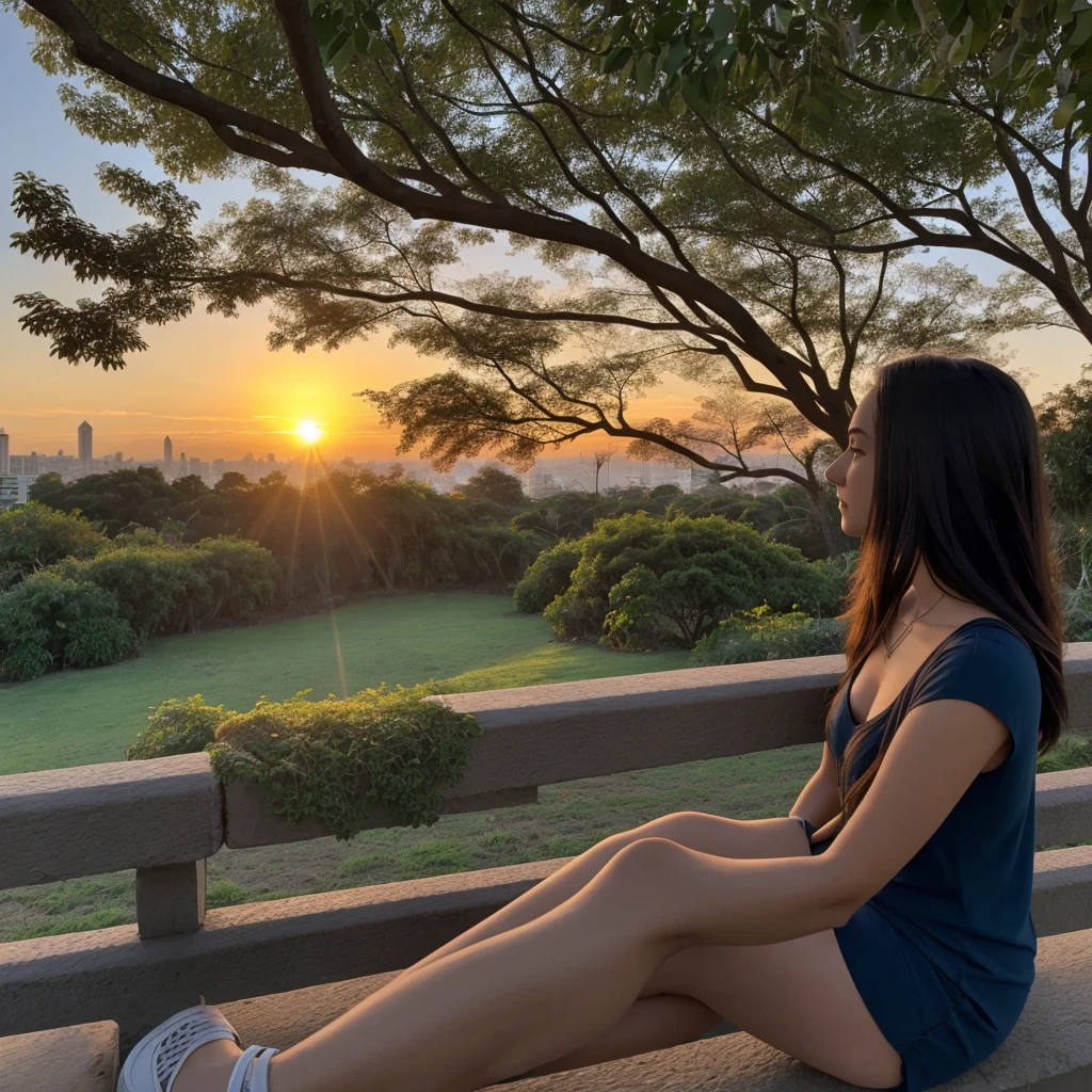 Chica de 18 years con cabello negro un poco corto mirando el atardecer desde atrás sentada en una banca de un parque en CDMX no mirando a la cámara sino al paisaje a una mujer sentada en un banco en un parque con un árbol, 18 years, watch the sunset without looking at the camera, a little out of focus