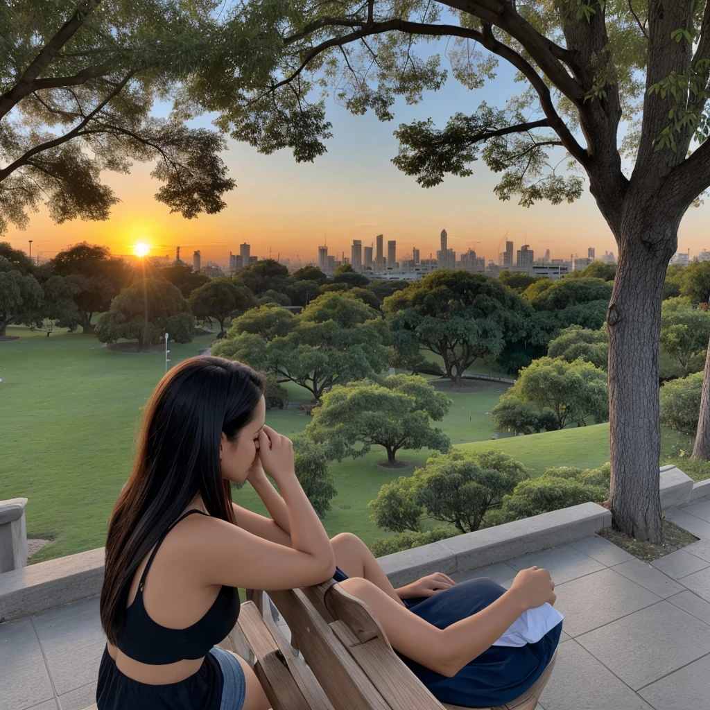 Chica de 18 years con cabello negro un poco corto mirando el atardecer desde atrás sentada en una banca de un parque en CDMX no mirando a la cámara sino al paisaje a una mujer sentada en un banco en un parque con un árbol, 18 years, watch the sunset without looking at the camera, a little out of focus