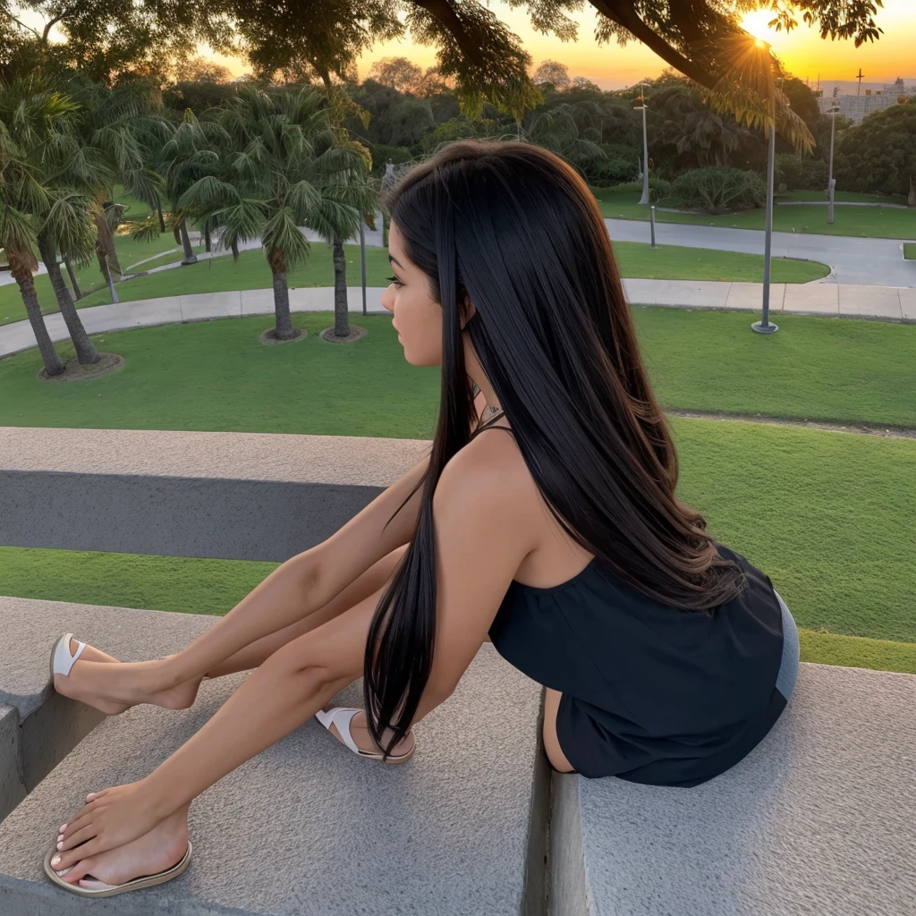 Chica de 18 years con cabello negro un poco corto mirando el atardecer desde atrás sentada en una banca de un parque en CDMX no mirando a la cámara sino al paisaje a una mujer sentada en un banco en un parque con un árbol, 18 years, watch the sunset without looking at the camera, a little out of focus