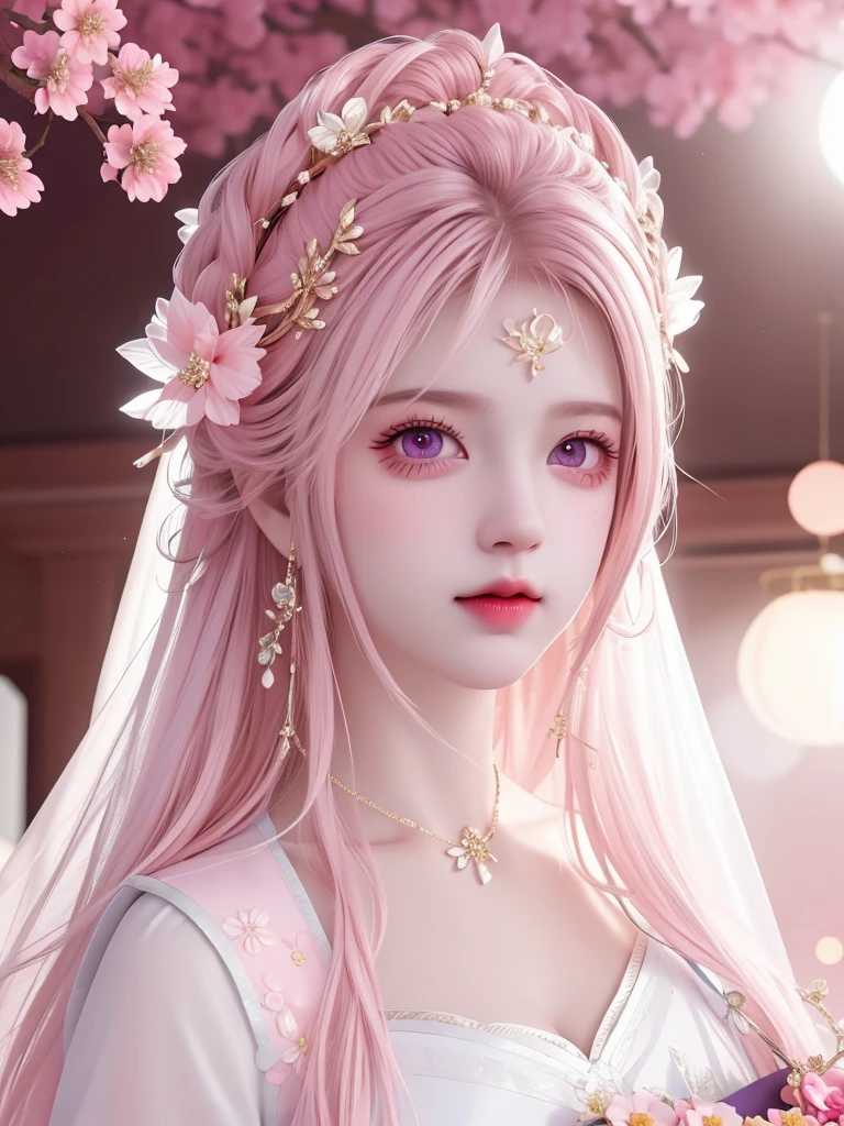 best quality, masterpiece, High target, There is a girl with a basket of flowers on her head, Big breast beauty,Very sexy,beautiful clothes, Hair Decorationss, necklace, Decorations, Pretty Face, When the body, Tyndall effect, Realistic Portraits, Edge lighting, Two-color light, (Very delicate skin:1.2), 8K uhd, Digital SLR Camera, Soft Light, high quality, Volumetric Lighting, Honest, photo, high resolution, 4K, 8K, Bokeh, Pink hair,Pink Eyes.