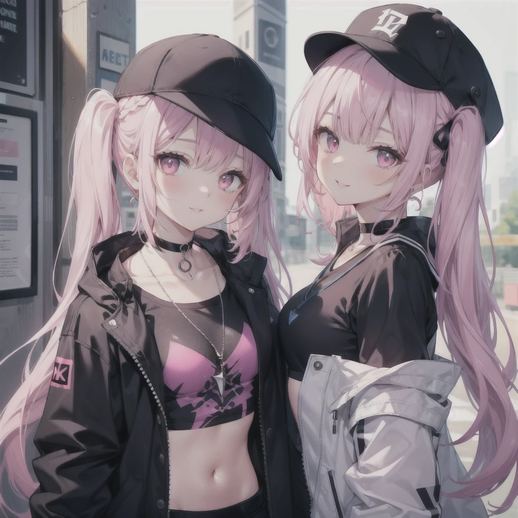 -Zoe\(Palworld\), One girl, alone, Jacket, black Jacket, Twin tails, Black Hair, Multicolored Hair, Striped Hair, smile, jewelry, Have, View your viewers, necklace, Pink Eyes, Crop top, Long Hair, Black Hat, Upper Body, choker, Baseball cap, shirt, chest, open Jacket, Virtual YouTuber, Open clothes, Pink Hair, black choker, purple shirt, Long sleeve, Part your lips, chestの谷間, Blurred, bangs