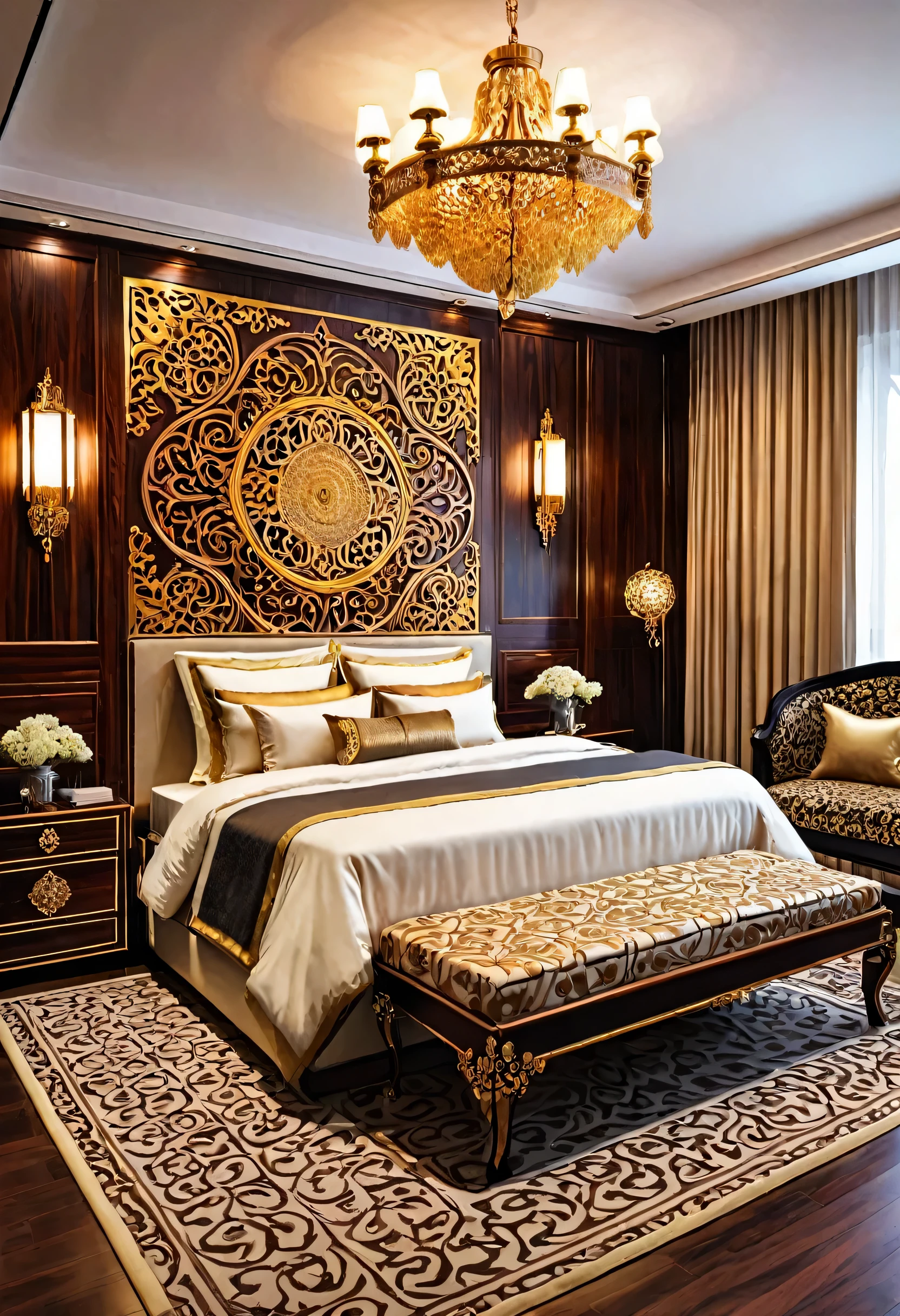 A beautiful bedroom made of rosewood decor design, intricate patterns, gold color,
