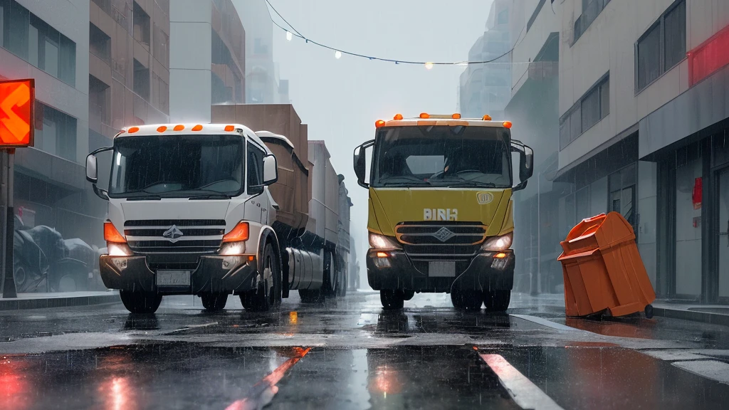 Create an image on a cold and raining street with a garbage truck written on the side of the truck Boys" Boys"and the garbage collectors working collecting rubbish from the sidewalks ,8K, Ultra realistic photo, cinematographic