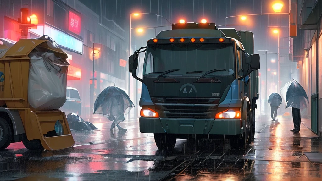 Create an image on a cold and raining street with a garbage truck written on the side of the truck Boys" Boys"and the garbage collectors working collecting rubbish from the sidewalks ,8K, Ultra realistic photo, cinematographic