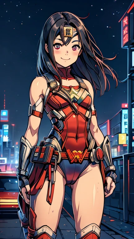 (8k),(masterpiece),(Japanese),(8--old l),((innocent look)),((Childish)),From the front,smile,cute,Innocent,Kind eyes,Flat chest,Hairless vagina, Cameltoe,Wonder woman Costume,semi-long,Hair blowing in the wind,Black Hair,Strong wind,night,dark, Neon light cyberpunk city