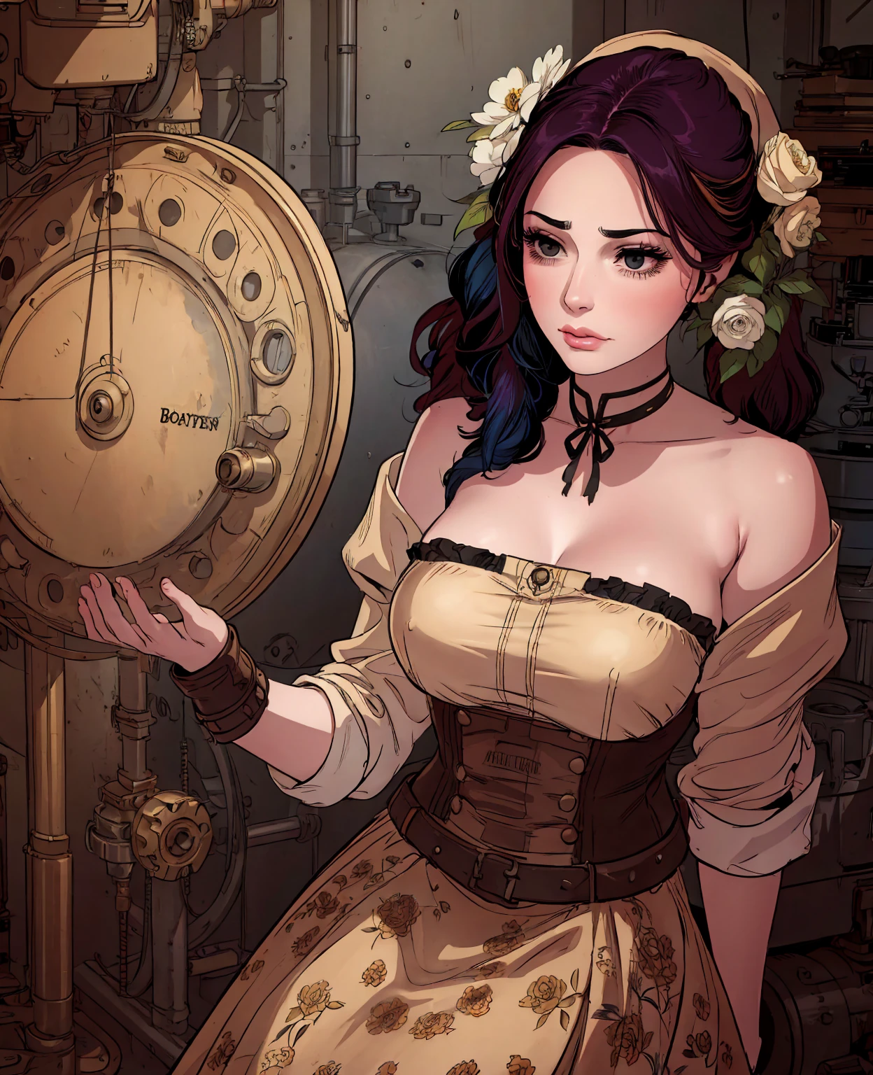 Charlie Bowater realistic Lithography sketch portrait of a woman, flowers, [gears], pipes, dieselpunk, multi-colored ribbons, old paper texture, highly detailed