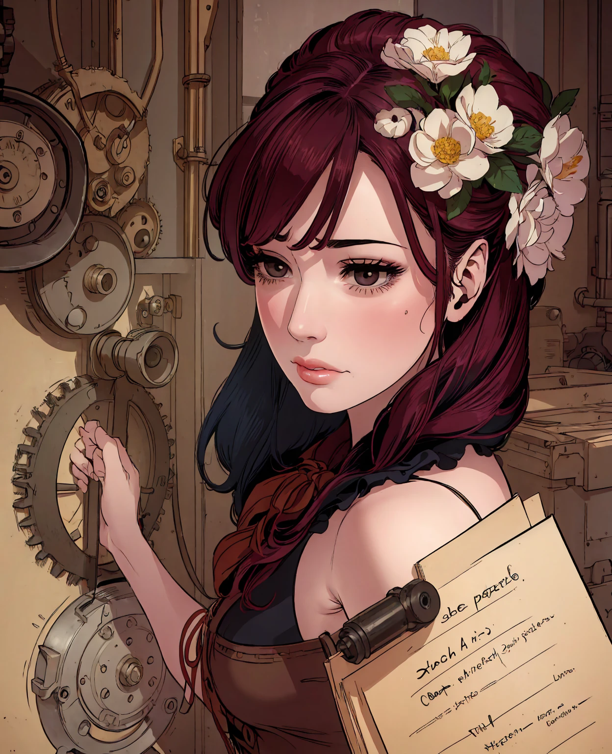 Charlie Bowater realistic Lithography sketch portrait of a woman, flowers, [gears], pipes, dieselpunk, multi-colored ribbons, old paper texture, highly detailed