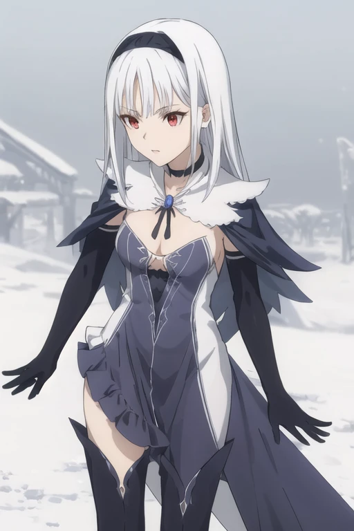 1girl, aira, blanc neige, galdinius hairband, black elbow gloves, blue dress cleavage, frilled choker, white cape, black cape, black thighhighs frills, blue gemstone, park