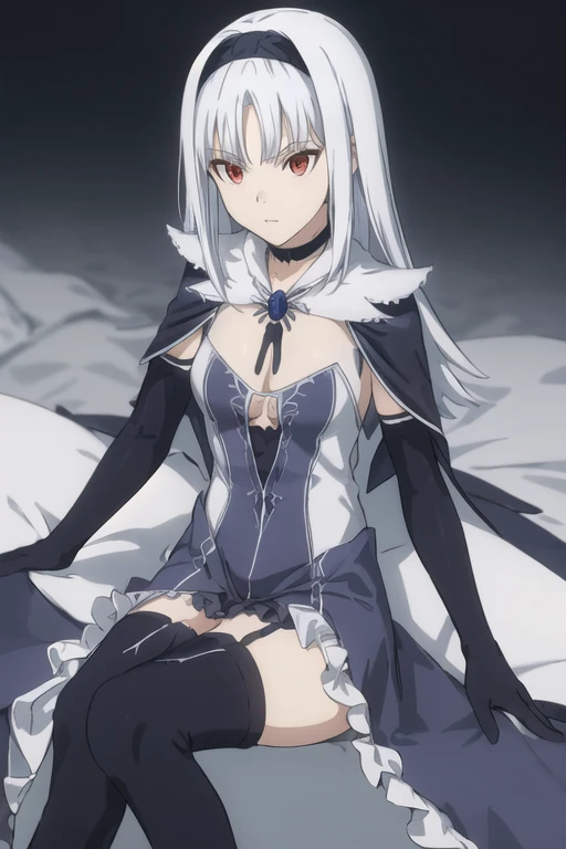 black elbow gloves, blue dress cleavage, frilled choker, white cape, black cape, black thighhighs frills, blue gemstone, park
